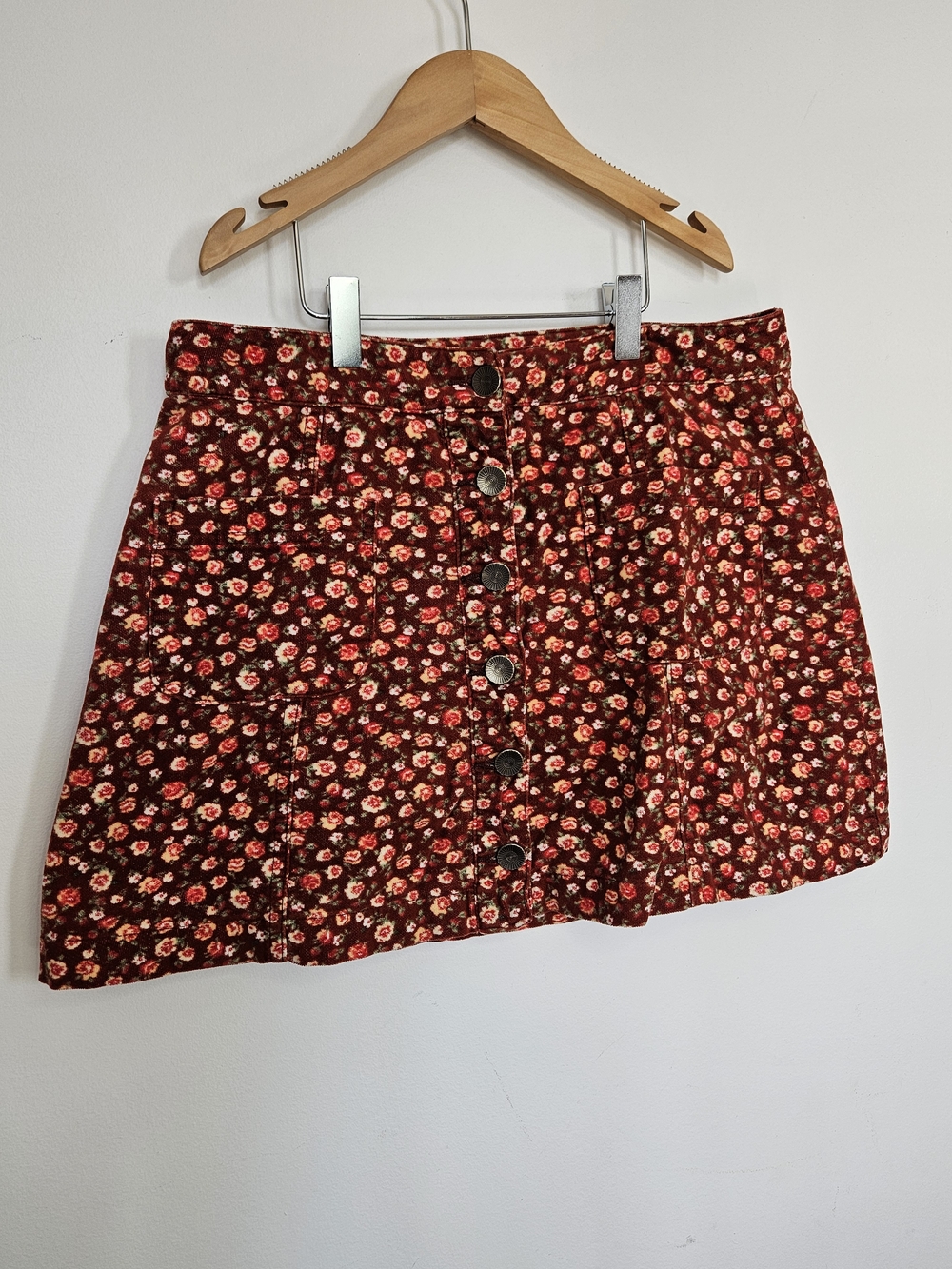 FOREVER 21 Floral Corduroy Button Front Mini Skirt Burgundy Vintage Style S🔥